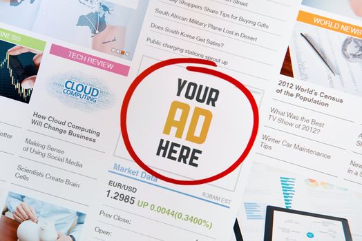 Online internet banner with text "YOUR AD HERE" on a web page. Web page with all pictures and informations are created by contributor himself.
