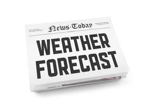 A stack of newspapers with headline "Weather Forecast" on a front page. Isolated on white.