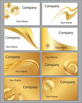 Eight business card designs using gold gradients