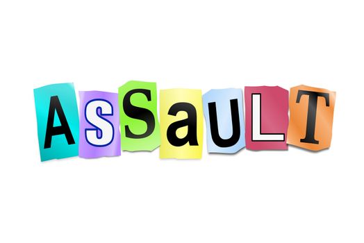 Illustration depicting cutout printed letters arranged to form the word assault.
