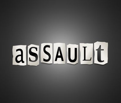 Illustration depicting cutout printed letters arranged to form the word assault.
