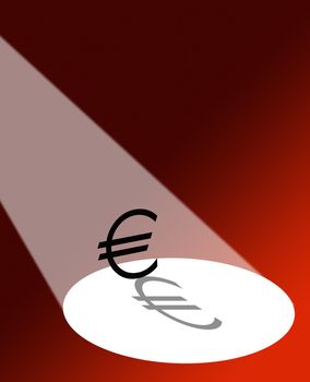 Spotlight falling on Euro symbol on red background.