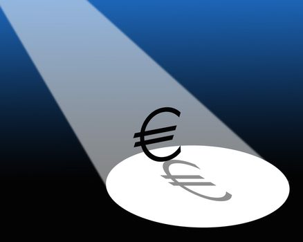 Illustration showing spotlight falling on Euro symbol.