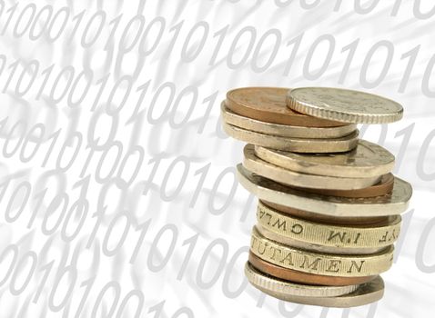 Illustration representing internet banking. UK coins overlaid onto number pattern.