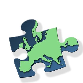 Jigsaw piece with green Europe outline on white background with drop shadow effect.