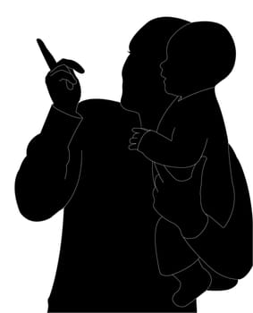 man holding a kid in her arms and show to something (silhouette)