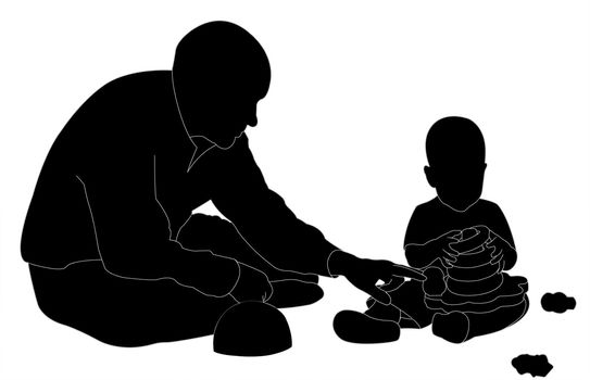 man and child collect pyramid sitting on the floor (silhouette)