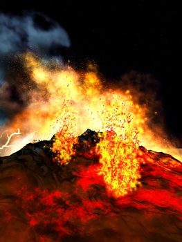 Huge volcanic eruption on land at night