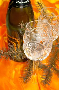 Champagne, hruskal and tree - symbol of Christmas