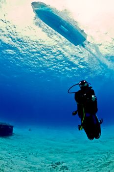 A young female scuba diver looks up as a speeding boat zooms over head on a dive in Mexico.