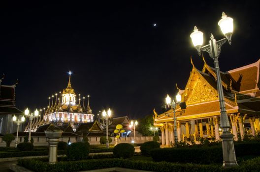 Lohaprasat in Wat Ratchanatdaram Worawihan, beautiful temple at night, Bangkok, Thailand