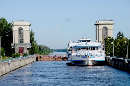 Cruise ship on the river lock of Moscow canal. Taken on July 2012