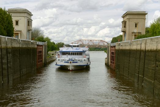 Cruise ship on the river lock of Moscow canal. Taken on July 2012