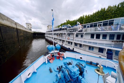 Cruise ship on the river lock of Moscow canal. Taken on July 2012