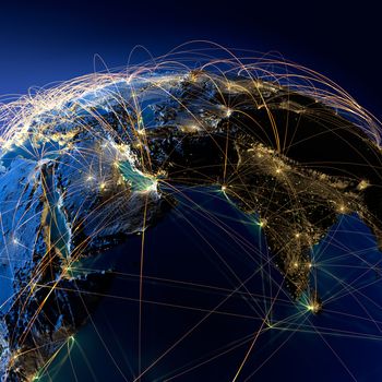 Highly detailed planet Earth at night with embossed continents, illuminated by light of cities, translucent and reflective ocean. Earth is surrounded by a luminous network, representing the major air routes based on real data