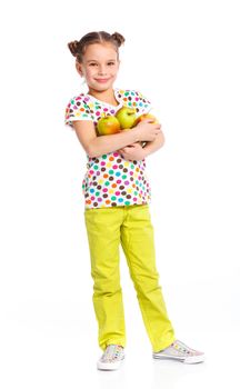 Cute beauty girl holding big apples. Isolated white background