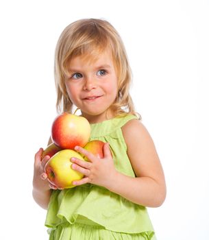 Little beauty girl holding big apples. Isolated white background