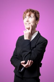 thinking success short hair business woman on pink background