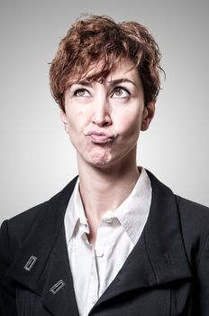 doubtful success short hair business woman on white background