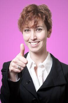 smiling success short hair business woman doing ok on white background
