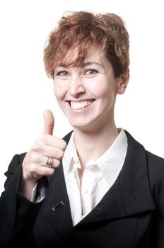 smiling success short hair business woman doing ok on white background