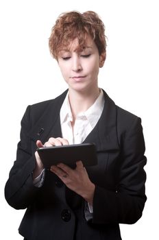success short hair business woman using tablet on white background
