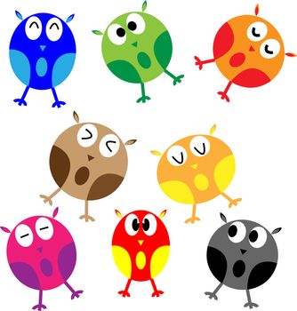 Set of eight cartoon owls with various emotions