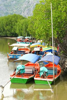 Longtailed wooden boats parking on the river