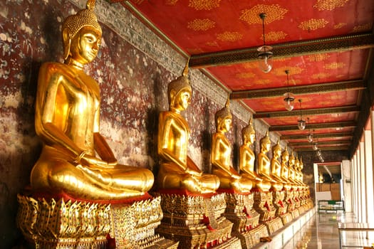 Buddha statues at the temple at Bangkok, Thailand