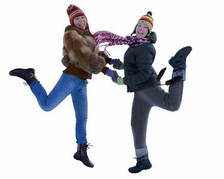 Two girls are jumping on a white background.