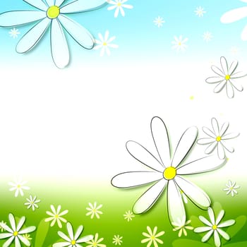 spring background with white flowers over blue green gradient