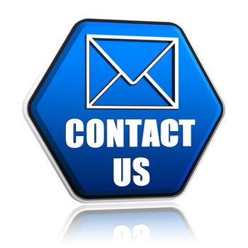 contact us envelope symbol, 3d blue hexagon button with text, business concept