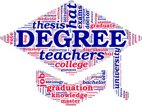 Illustration of doctorate hat tag cloud on white background