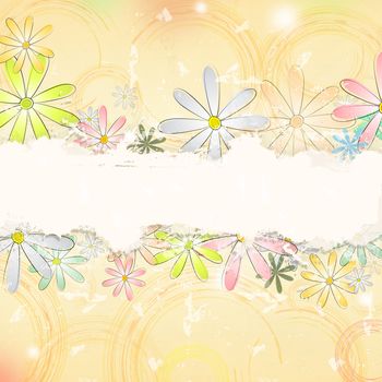 vintage background with multicolored flowers and circles over beige old paper with text space