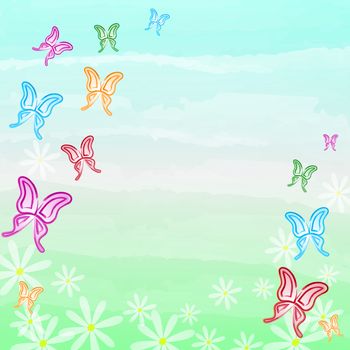 multicolored butterflies and white flowers over blue spring background