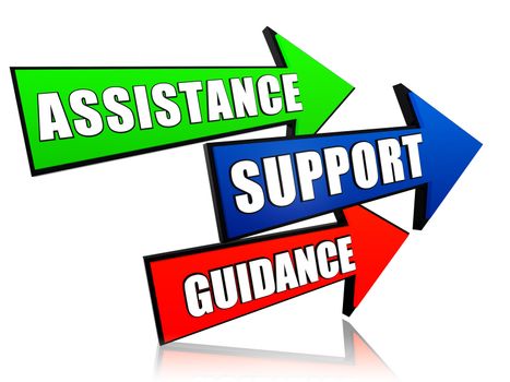 assistance, support, guidance - text in 3d arrows, business words concept