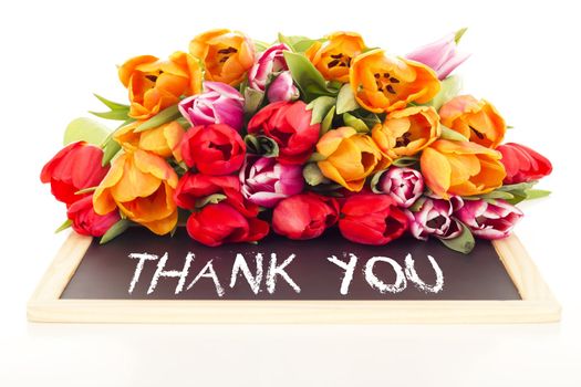 Bunch of tulips with blackboard: thank you