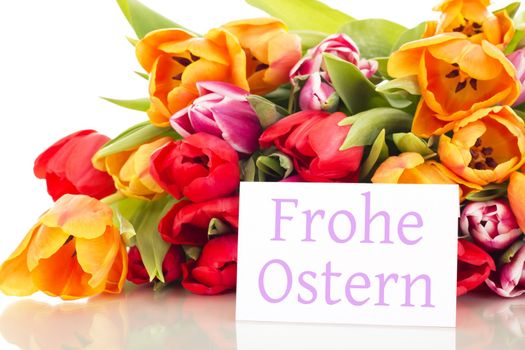 Bunch of tulips with card: happy easter