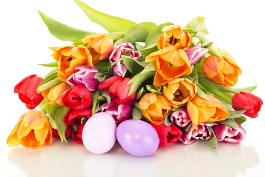 Bunch of tulips with easter eggs