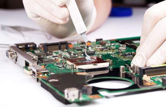 Man in white gloves Installing laptop thermal compaund on processor