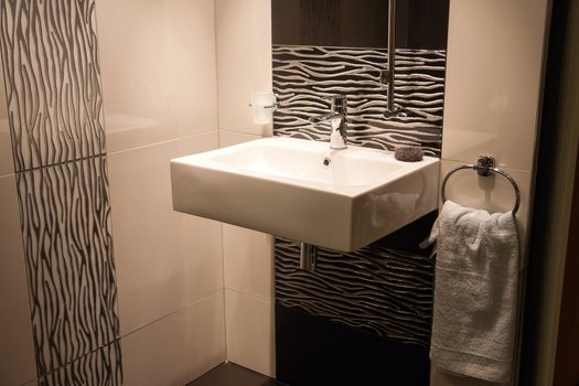 Beautiful Large Modern Trendy Design Bathroom with Ceramics Elements in Luxury Home