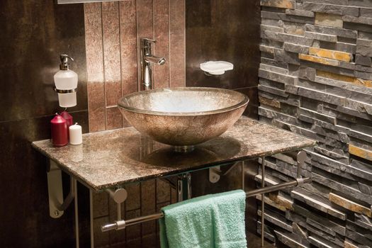 Beautiful Large Modern Trendy Design Bathroom with Stone Elements in Luxury Home