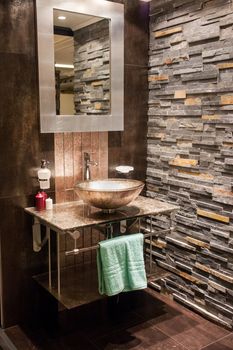 Beautiful Large Modern Trendy Design Bathroom with Stone Elements in Luxury Home