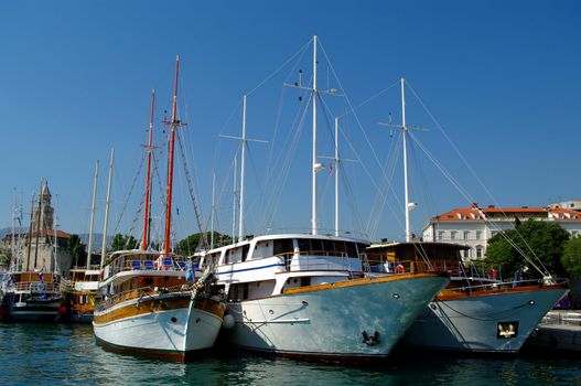 Small touristic wooden boats (small cruiser) in Split, Croatia