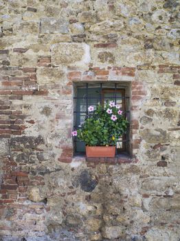 Vertical image of an aging wall with small window decorated with flowers