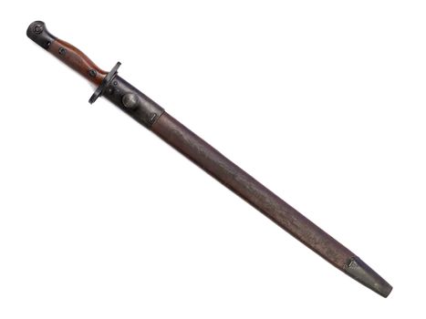  A close up image of a vintage sword against white background