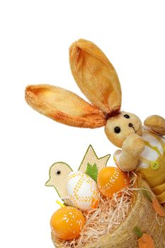 easter rabbit with bird and eggs in basket