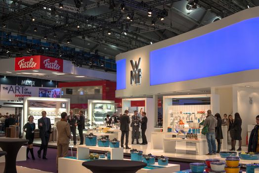 FRANKFURT, GERMANY – FEBRUARY 16, 2013: Booths on the Ambiente trade fair on February 16, 2013 in Frankfurt, Germany. Ambiente is the biggest exhibition for consumer goods worldwide. WMF and Fissler are amongst the largest German brands for kitchen and home accessories.