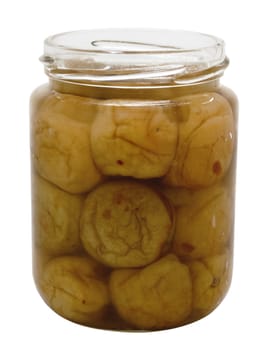 close up of a bottle of pickled plums