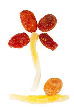 Flower shape made with dried sweet fruits on white background